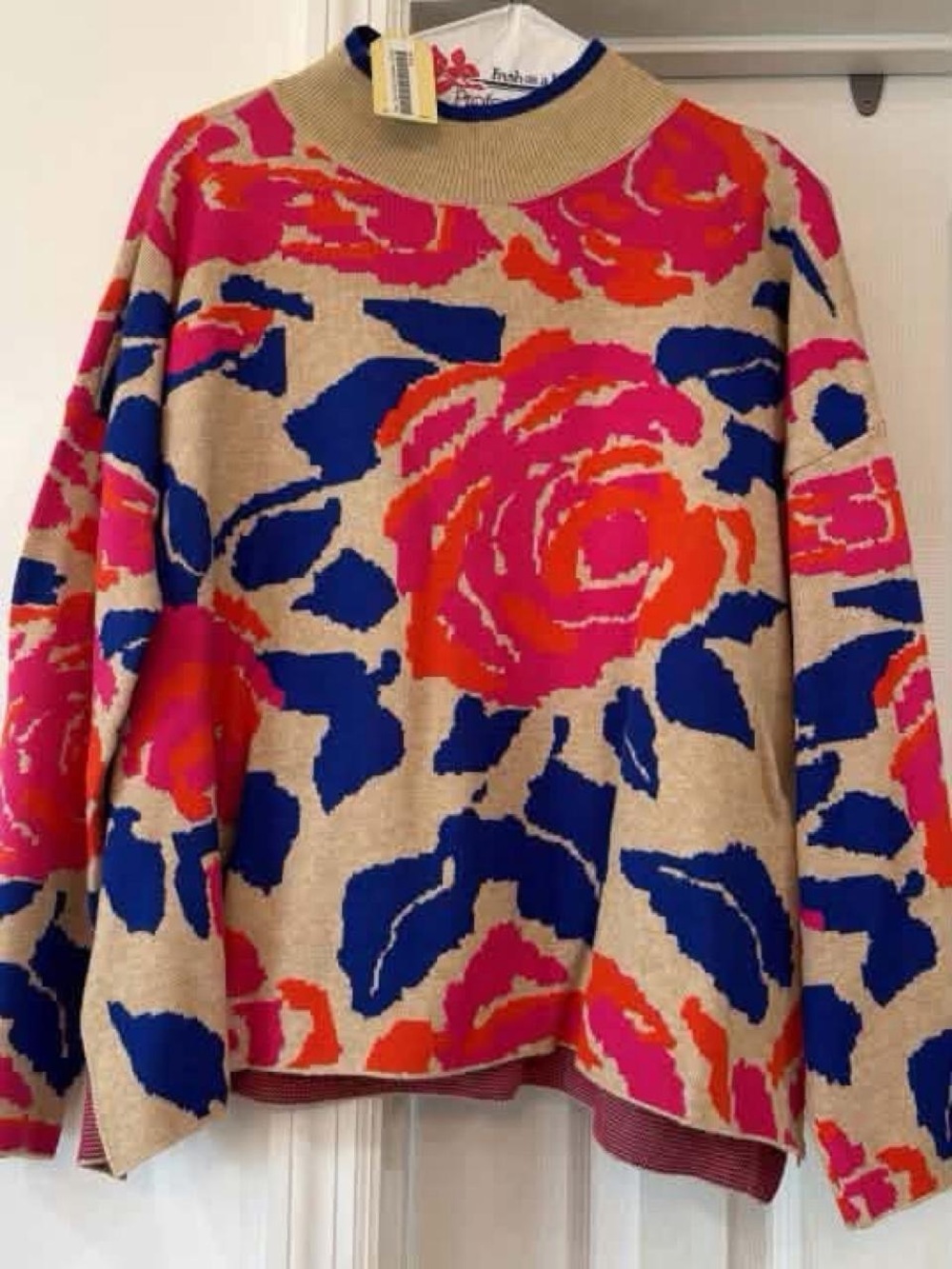 JODIFL Beige Floral Turtleneck Sweater with Pink & Blue Roses